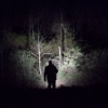 officer facing away from us walking through the woods at night holding a flashlight