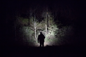 officer facing away from us walking through the woods at night holding a flashlight